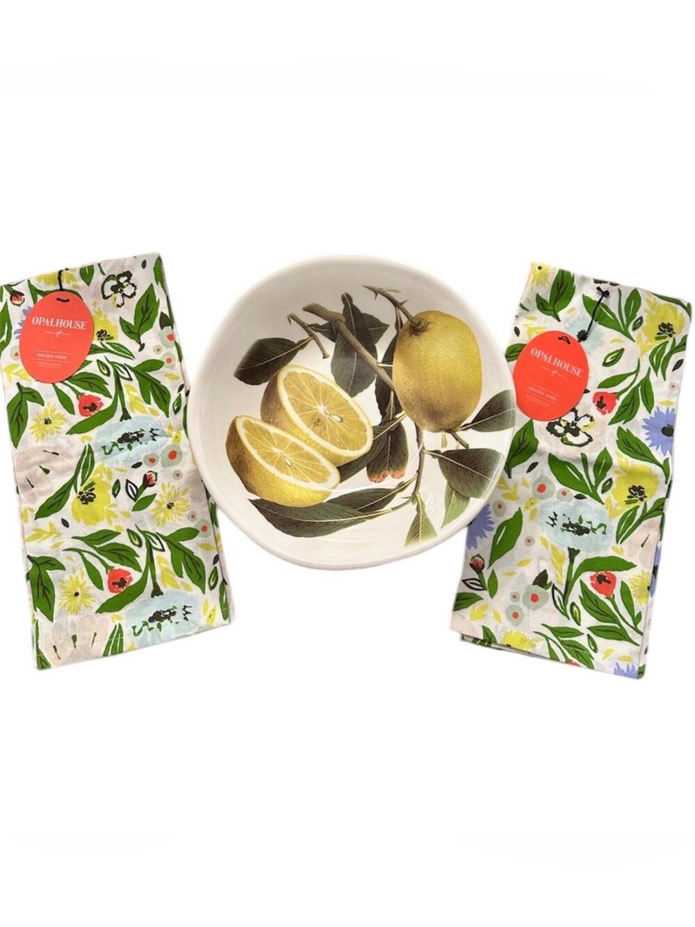 Made in Italy Valori Home Ceramic Lemon Dish & Floral Lemon Tea Towels